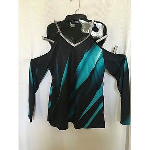 NWT Sheilay Knit Top Size Medium Blouse Black Blue Silver Strap Cold Shoulder A7